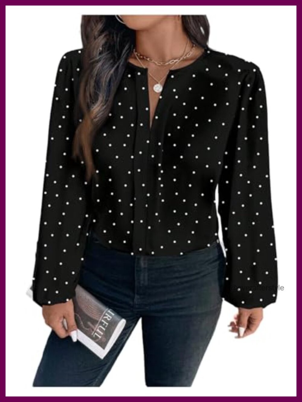 Plus Size Polka Dots Long Sleeve V Neck Business Casual Blouse Top